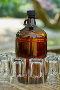 Close-up of wine bottles on table