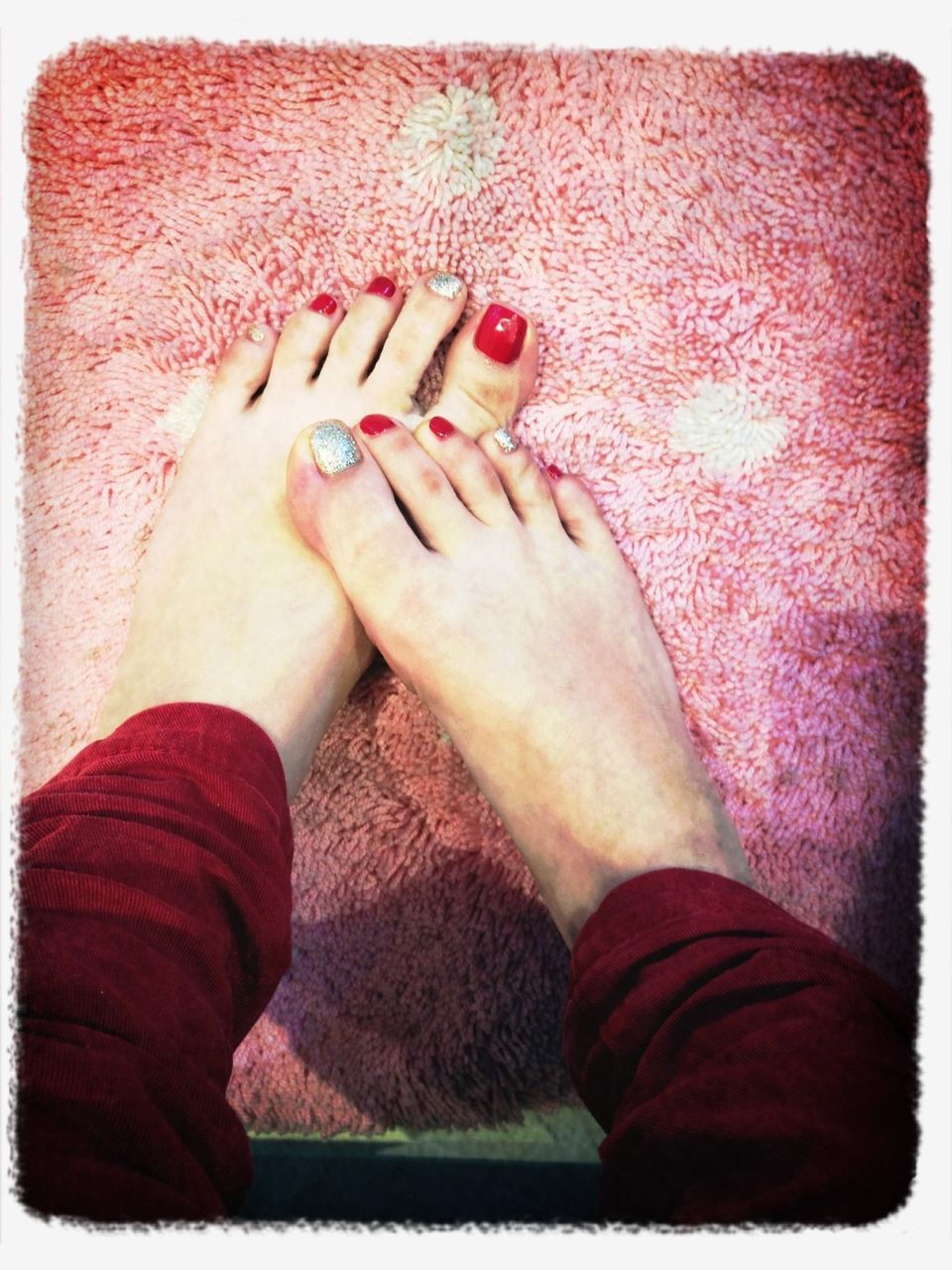 person, low section, lifestyles, transfer print, personal perspective, leisure activity, auto post production filter, human foot, barefoot, red, high angle view, indoors, relaxation, part of, nail polish