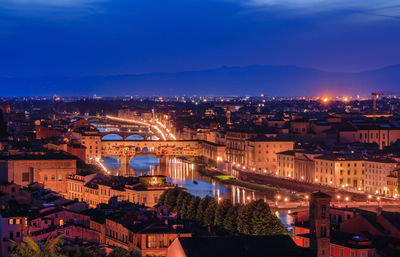 High angle view of illuminated cityscape against sky at night