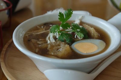 High angle view of soup in bowl on table