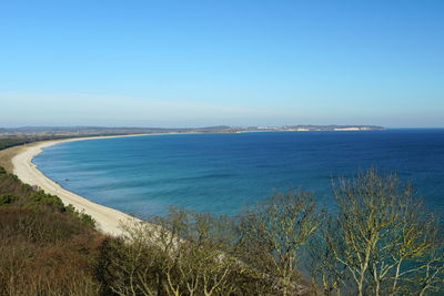 Scenic view of sea against clear blue sky