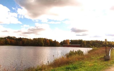 Calm countryside lake against cloudy sky