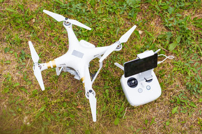 High angle view of toy car on field