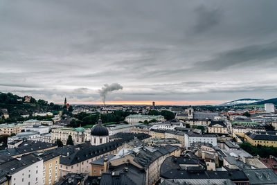 Aerial view of cityscape against cloudy sky