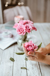 Midsection of woman holding pink roses