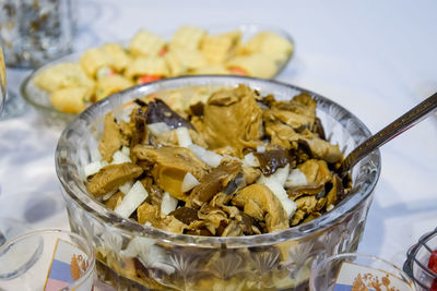 High angle view of food in bowl on table