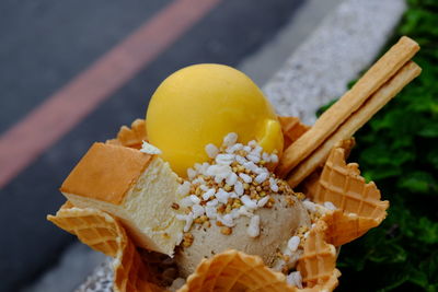 Close-up of ice cream with cake