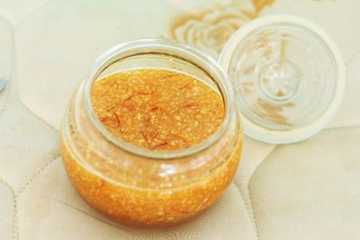 High angle view of food in jar on table