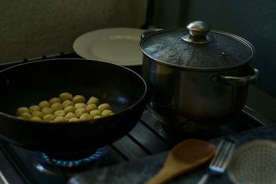 High angle view of various food on table