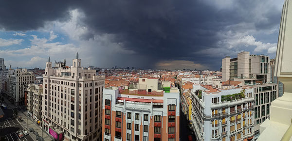 High angle view of buildings against sky