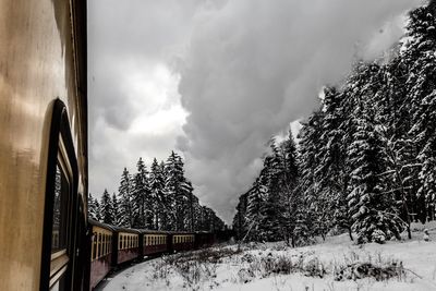 Scenic view of snow covered land against sky