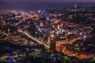 High angle shot of illuminated cityscape at night