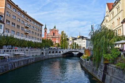 Bridge over river amidst buildings in city against sky