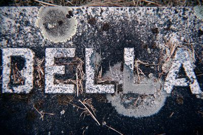 High angle view of text on snow