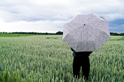 Rear view of person under umbrella standing on wheat field