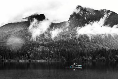 Scenic view of lake by trees against sky