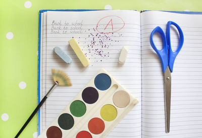 Directly above shot of school supplies over book on table