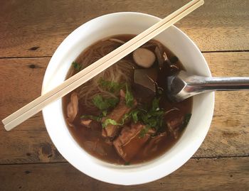 High angle view of soup in bowl on table