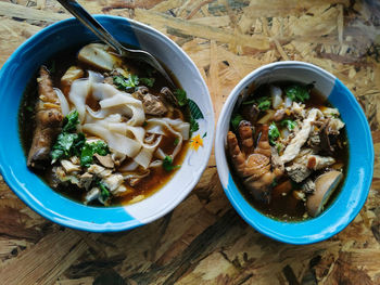 High angle view of soup in bowl on table