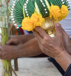 Close-up of hand holding flowers