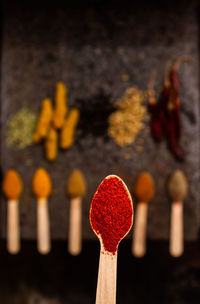 Close-up of red bell pepper on table in temple