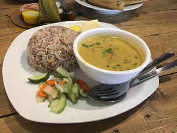 High angle view of soup in bowl on table