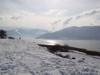 Scenic view of snow covered landscape against sky