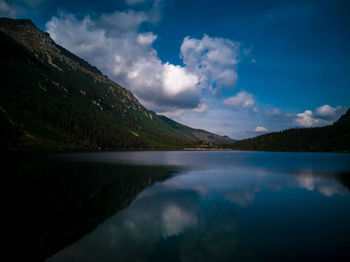 Scenic view of lake by mountains against sky