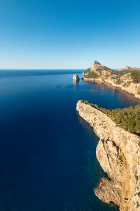 Scenic view of sea against clear blue sky