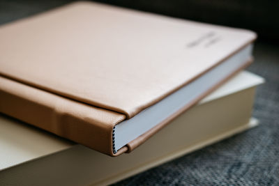 High angle view of open book on table