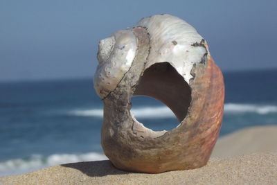 Close-up of rock formation on beach against sky