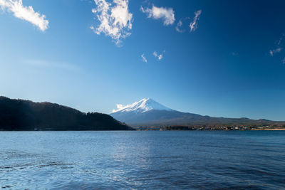 Scenic view of fuji mountains against blue sky