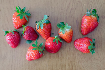 High angle view shot of strawberries on table