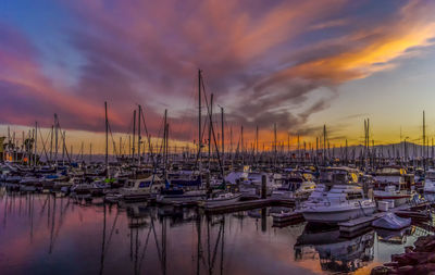 Boats moored at harbor against sky during sunset