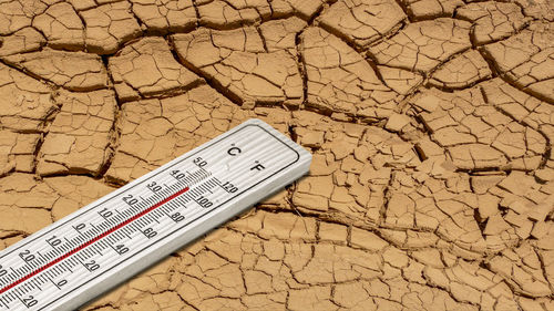 Close-up of thermometer on barren land