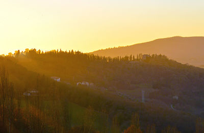 Scenic view of landscape against clear sky during sunset