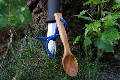 Close-up of knife and spoon on field