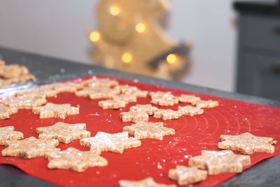 Close-up of red cake on table