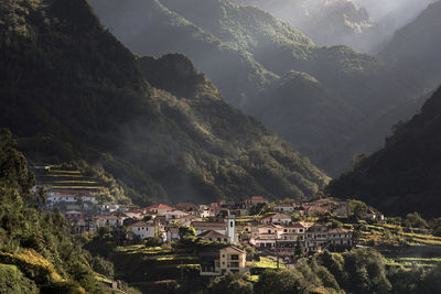 High angle view of townscape against mountains