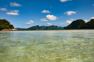 Scenic view of sea against blue sky