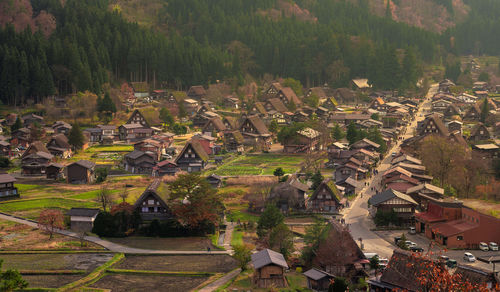 High angle view of trees and buildings in town