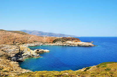 Scenic view of sea against clear blue sky