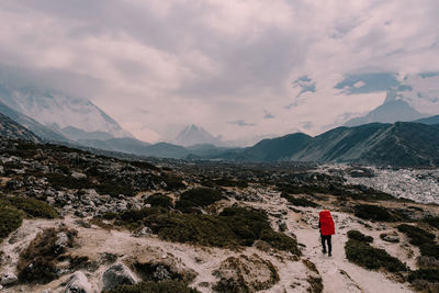 Rear view of man walking on mountain
