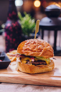 Close-up of burger on table