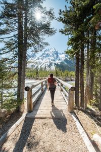 Rear view of woman walking on footbridge over lake