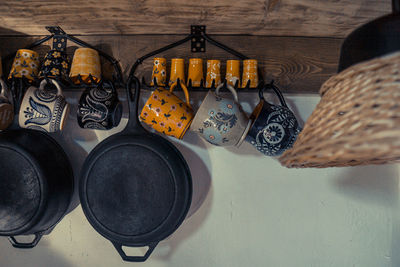 Close-up of clothes hanging on table