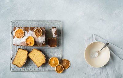 High angle view of breakfast on table