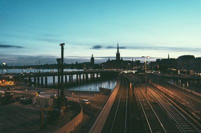 High angle view of railroad tracks against sky during sunset