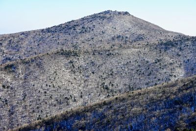 Low angle view of volcanic mountain against clear sky