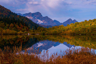 Scenic view of lake and mountains against sky